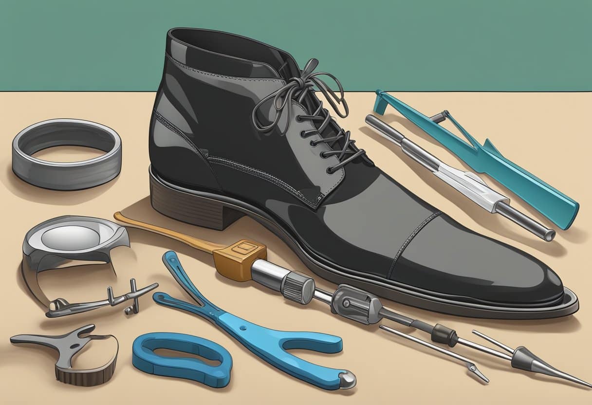 A shoe being stretched with a shoe stretcher, surrounded by various tools and materials for widening shoes