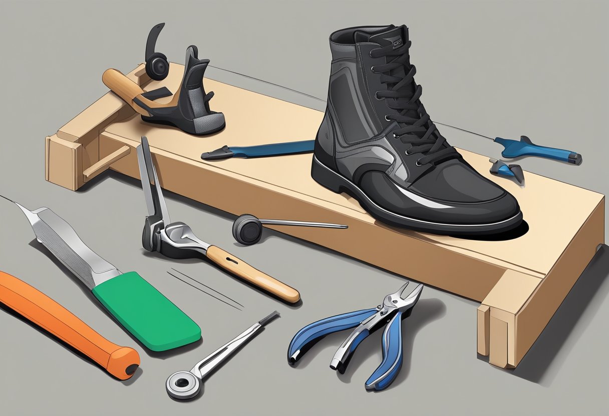 Specialized tools for stretching shoes on a workbench