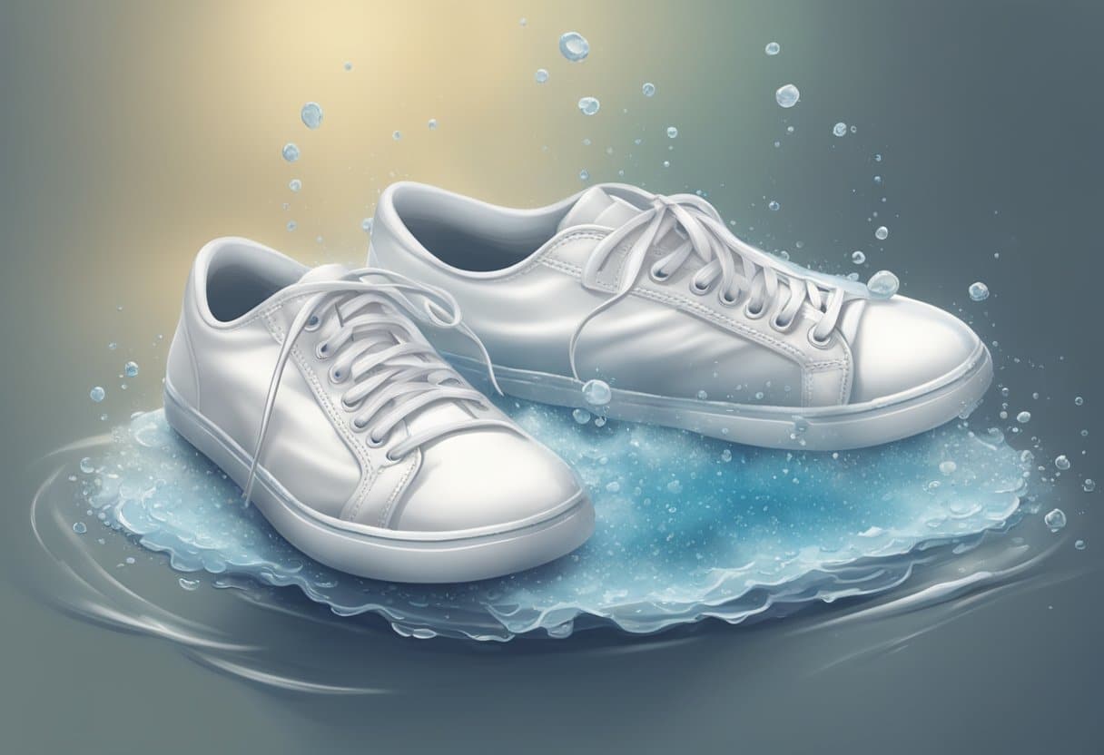 A pair of white fabric sneakers being scrubbed clean with a soapy brush and rinsed under running water