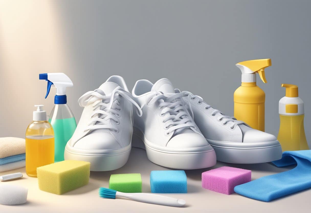 A pair of white fabric sneakers being cleaned with a brush and soap, surrounded by various cleaning supplies and a sink