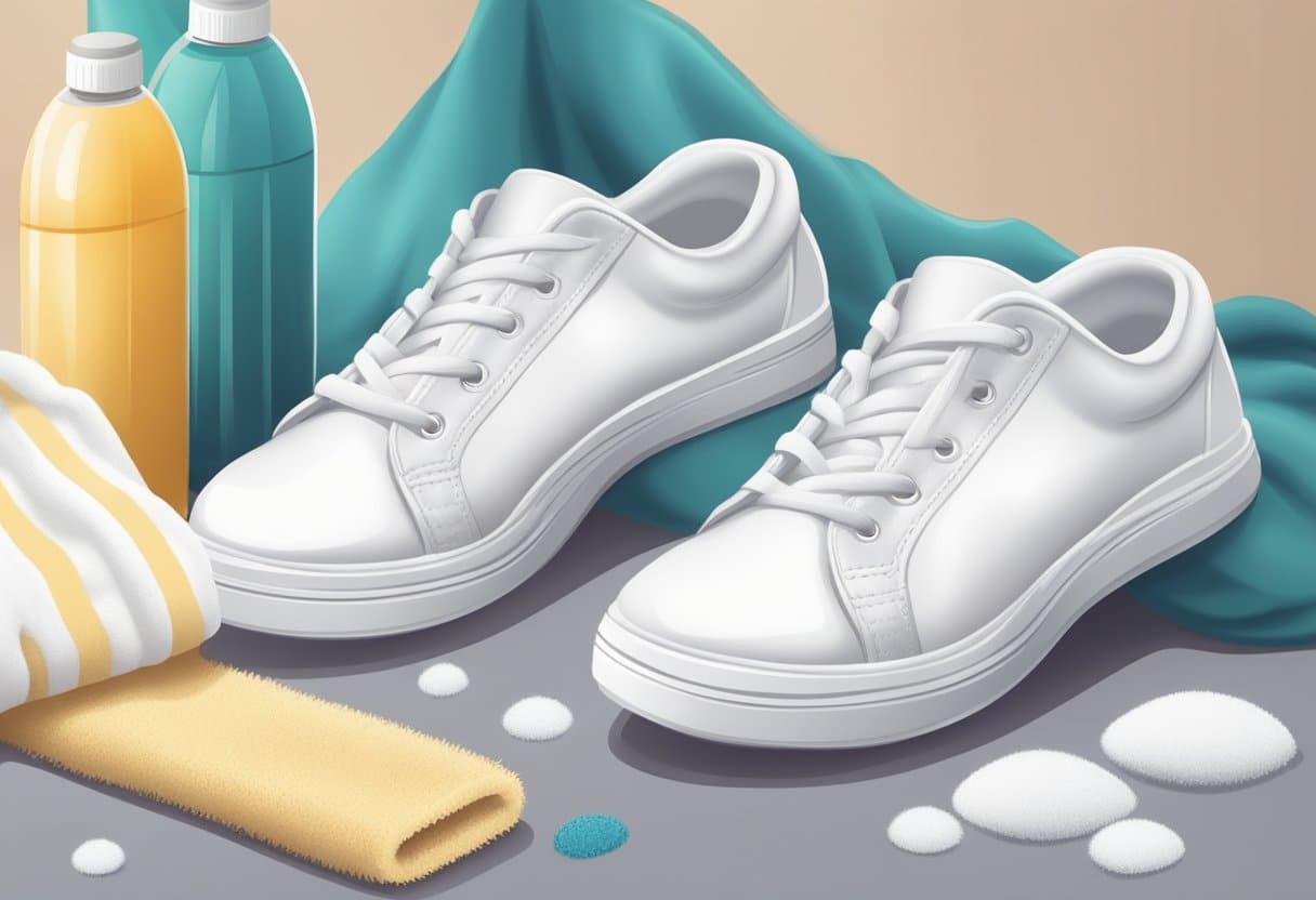 A pair of white fabric sneakers being scrubbed with soapy water and a brush, with a pile of clean towels and a bottle of stain remover nearby